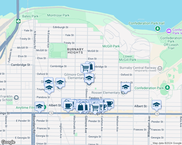 map of restaurants, bars, coffee shops, grocery stores, and more near 4119 Oxford Street in Burnaby