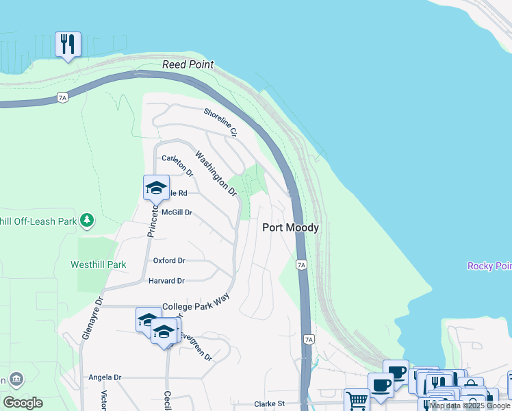 map of restaurants, bars, coffee shops, grocery stores, and more near 511 Cardiff Way in Port Moody