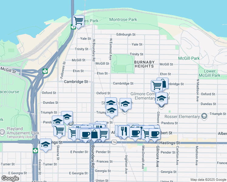 map of restaurants, bars, coffee shops, grocery stores, and more near 3815 Oxford Street in Burnaby