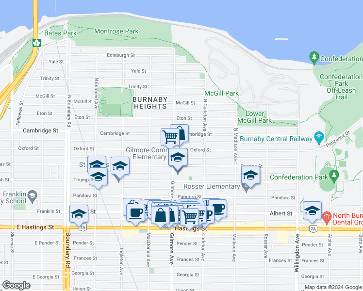 map of restaurants, bars, coffee shops, grocery stores, and more near 4119 Oxford Street in Burnaby