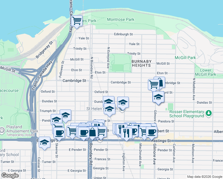 map of restaurants, bars, coffee shops, grocery stores, and more near 3817 Oxford Street in Burnaby