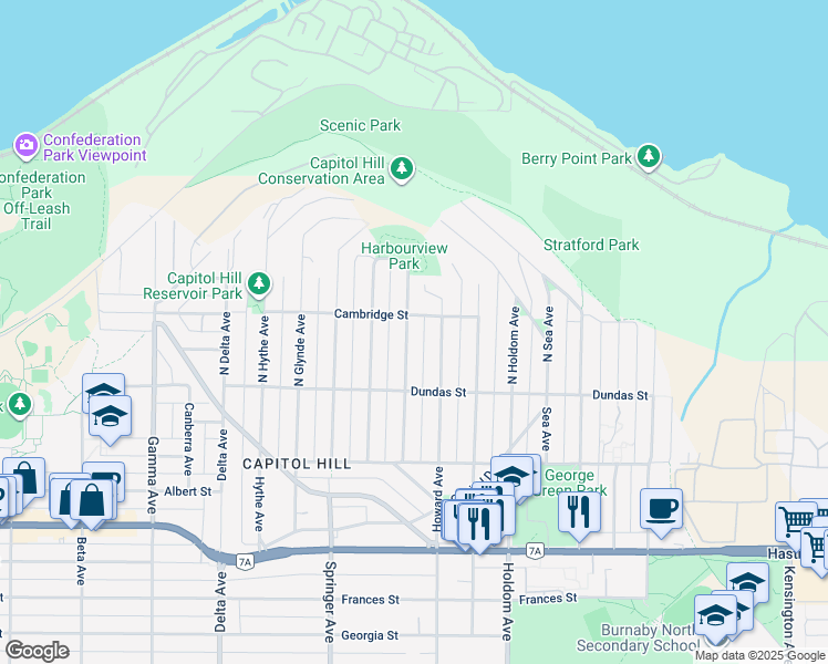map of restaurants, bars, coffee shops, grocery stores, and more near 130 North Grosvenor Avenue in Burnaby