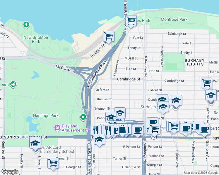 map of restaurants, bars, coffee shops, grocery stores, and more near 3493 Oxford Street in Vancouver