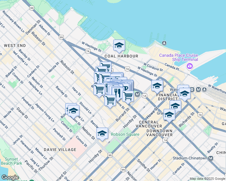 map of restaurants, bars, coffee shops, grocery stores, and more near 1128 West Georgia Street in Vancouver