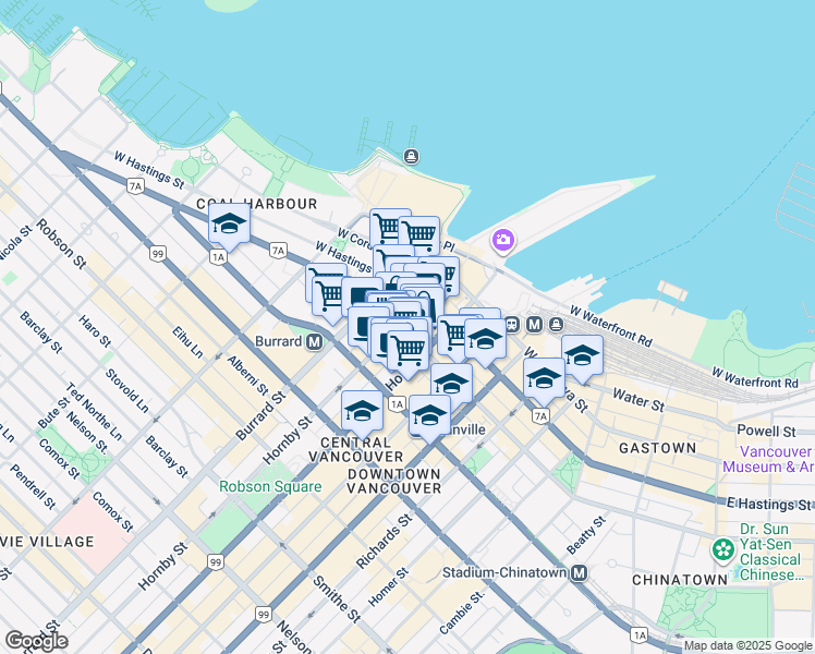 map of restaurants, bars, coffee shops, grocery stores, and more near West Pender Street in Vancouver