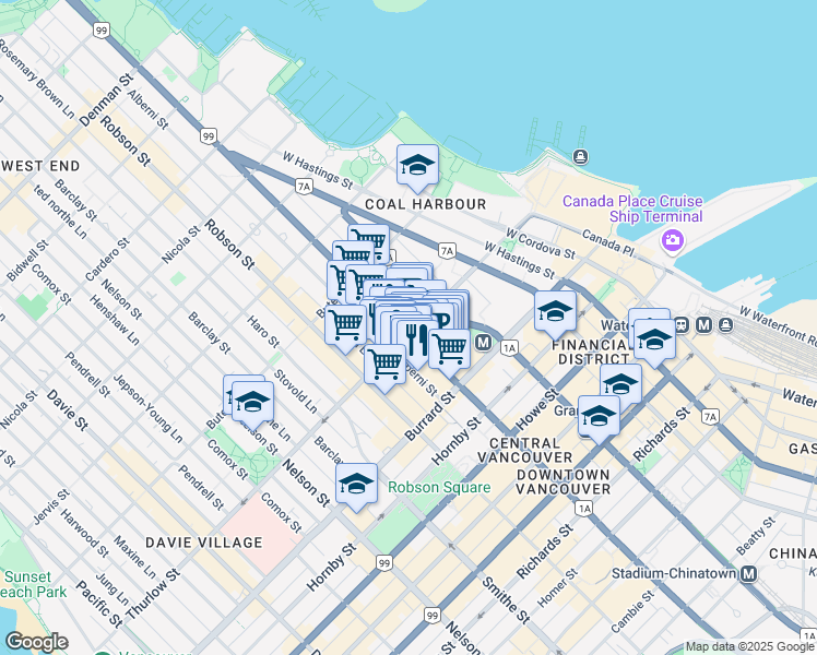 map of restaurants, bars, coffee shops, grocery stores, and more near 1111 West Georgia Street in Vancouver