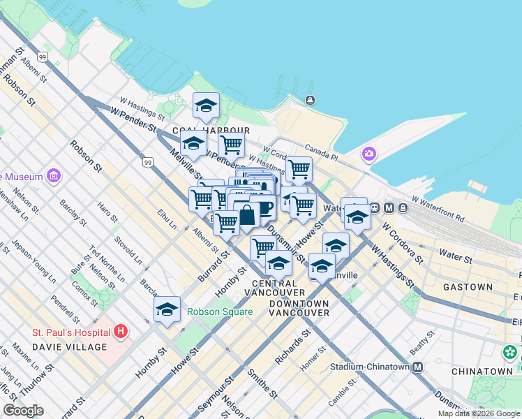 map of restaurants, bars, coffee shops, grocery stores, and more near 595 Burrard Street in Vancouver