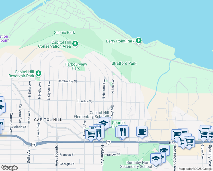 map of restaurants, bars, coffee shops, grocery stores, and more near 128 Holdom Avenue in Burnaby