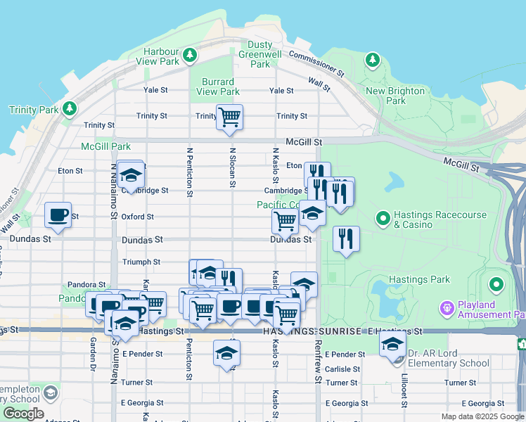 map of restaurants, bars, coffee shops, grocery stores, and more near 2781 Oxford Street in Vancouver