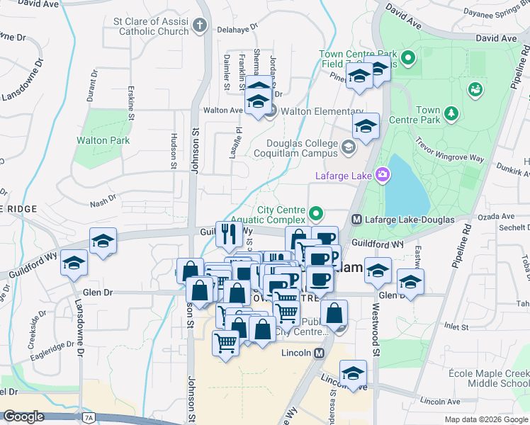 map of restaurants, bars, coffee shops, grocery stores, and more near 2960 Princess Crescent in Coquitlam