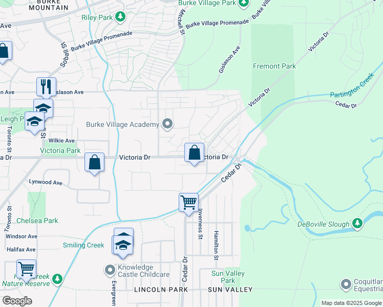 map of restaurants, bars, coffee shops, grocery stores, and more near 1221 Rocklin Street in Coquitlam
