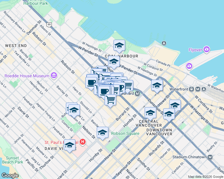 map of restaurants, bars, coffee shops, grocery stores, and more near 1111 Alberni Street in Vancouver