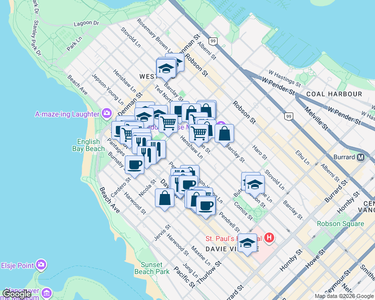 map of restaurants, bars, coffee shops, grocery stores, and more near 1056 Nicola Street in Vancouver