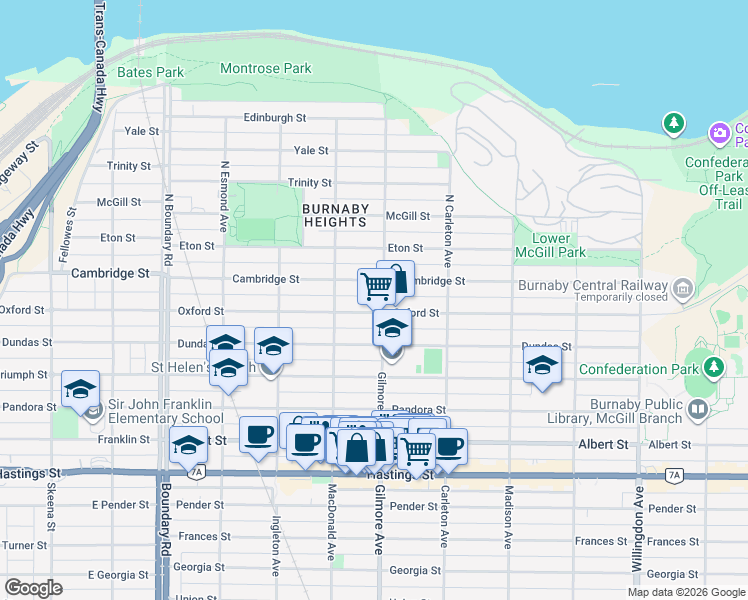 map of restaurants, bars, coffee shops, grocery stores, and more near 125 North Gilmore Avenue in Burnaby