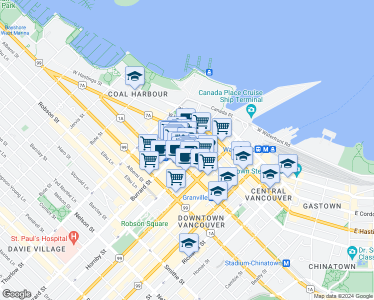 map of restaurants, bars, coffee shops, grocery stores, and more near 550 Burrard Street in Vancouver