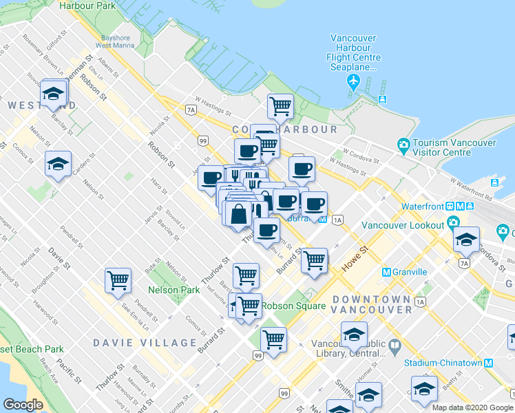 map of restaurants, bars, coffee shops, grocery stores, and more near 747 Thurlow Street in Vancouver