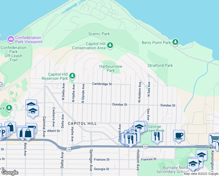 map of restaurants, bars, coffee shops, grocery stores, and more near 123 North Grosvenor Avenue in Burnaby