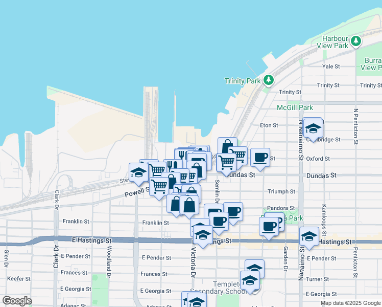 map of restaurants, bars, coffee shops, grocery stores, and more near 1810 Powell Street in Vancouver
