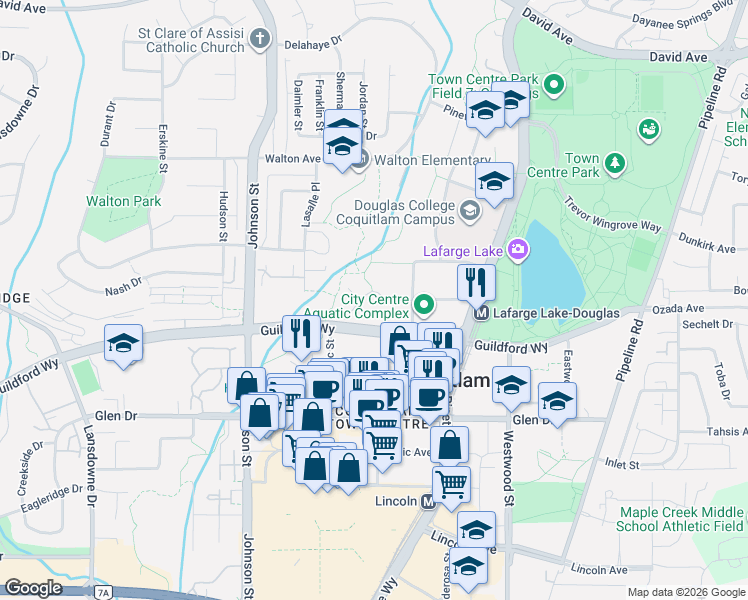 map of restaurants, bars, coffee shops, grocery stores, and more near 2980 Princess Crescent in Coquitlam