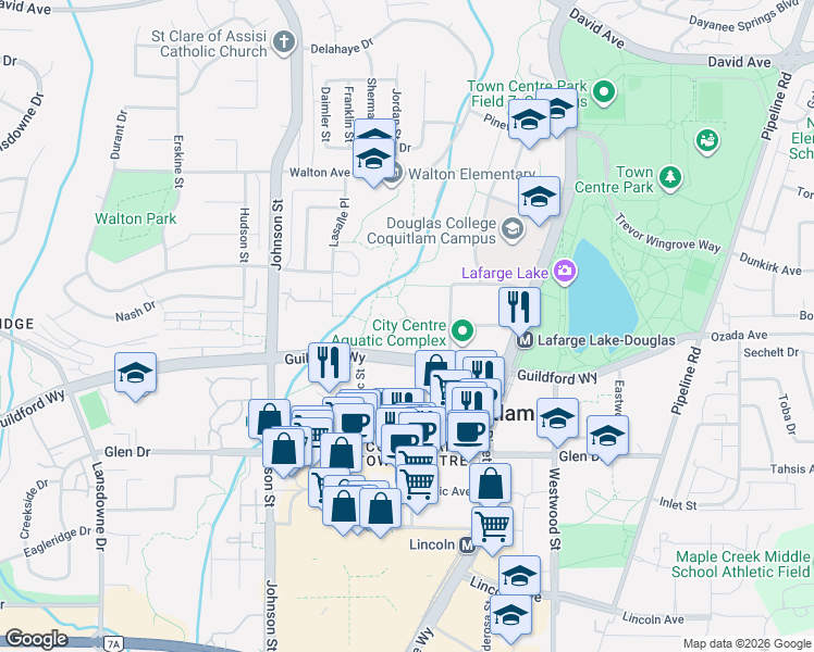 map of restaurants, bars, coffee shops, grocery stores, and more near 2980 Princess Crescent in Coquitlam