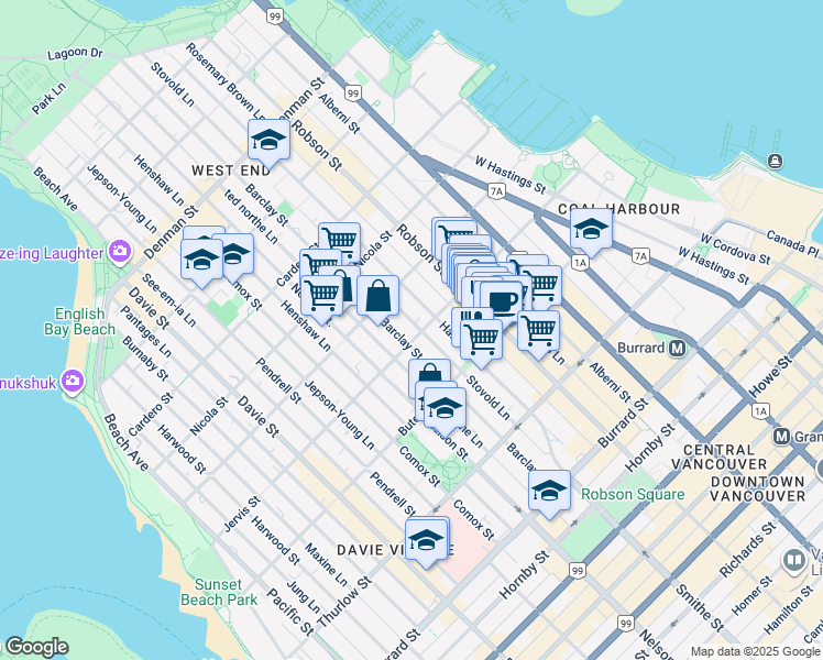 map of restaurants, bars, coffee shops, grocery stores, and more near 935 Jervis Street in Vancouver