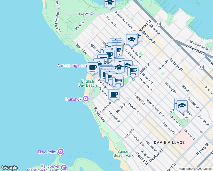 map of restaurants, bars, coffee shops, grocery stores, and more near 1221 Bidwell Street in Vancouver