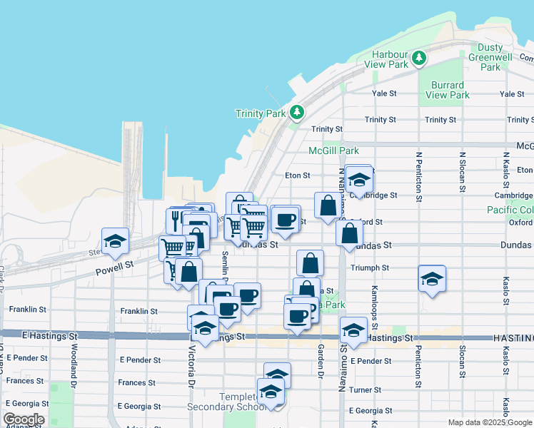 map of restaurants, bars, coffee shops, grocery stores, and more near in Vancouver