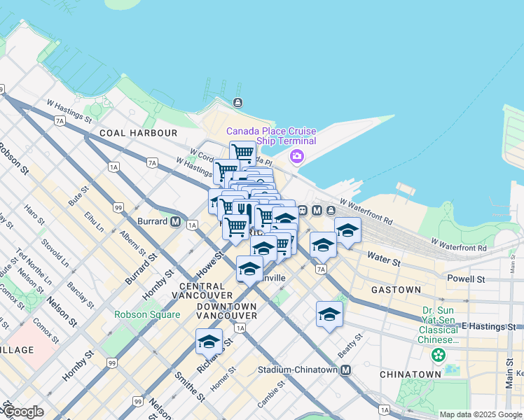 map of restaurants, bars, coffee shops, grocery stores, and more near 445 Howe Street in Vancouver
