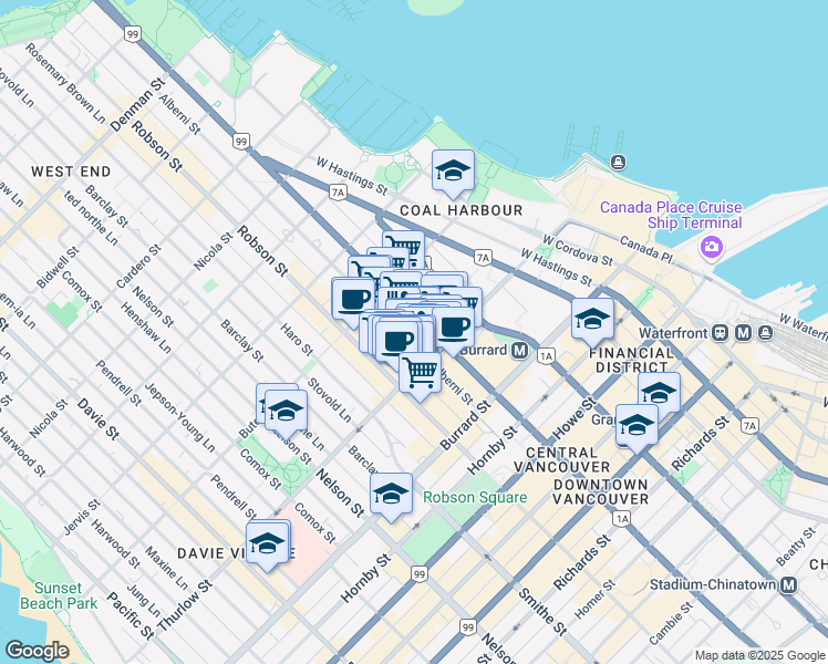 map of restaurants, bars, coffee shops, grocery stores, and more near in Vancouver