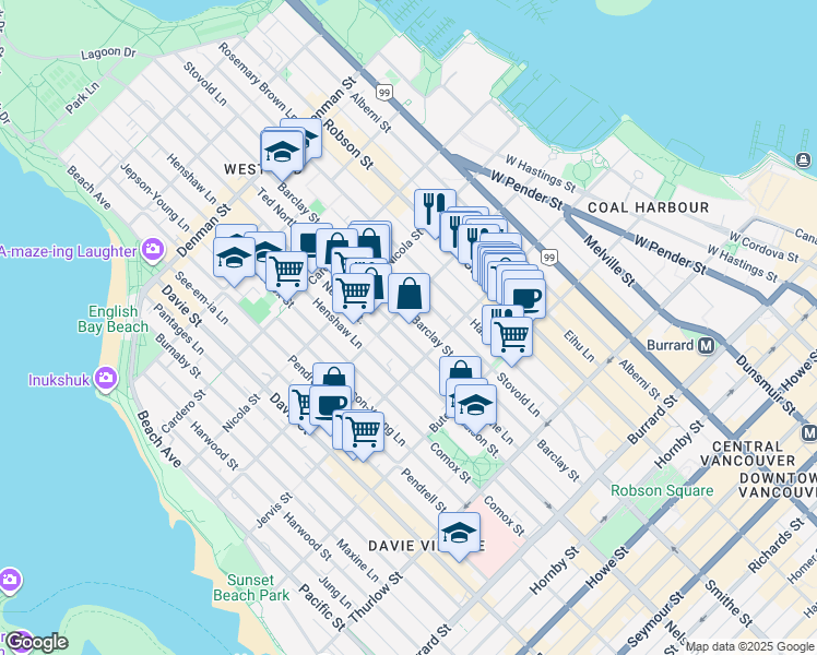 map of restaurants, bars, coffee shops, grocery stores, and more near in Vancouver