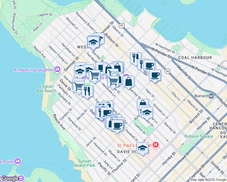 map of restaurants, bars, coffee shops, grocery stores, and more near 1424 Nelson Street in Vancouver