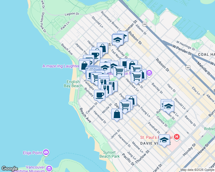 map of restaurants, bars, coffee shops, grocery stores, and more near 1616 Pendrell Street in Vancouver
