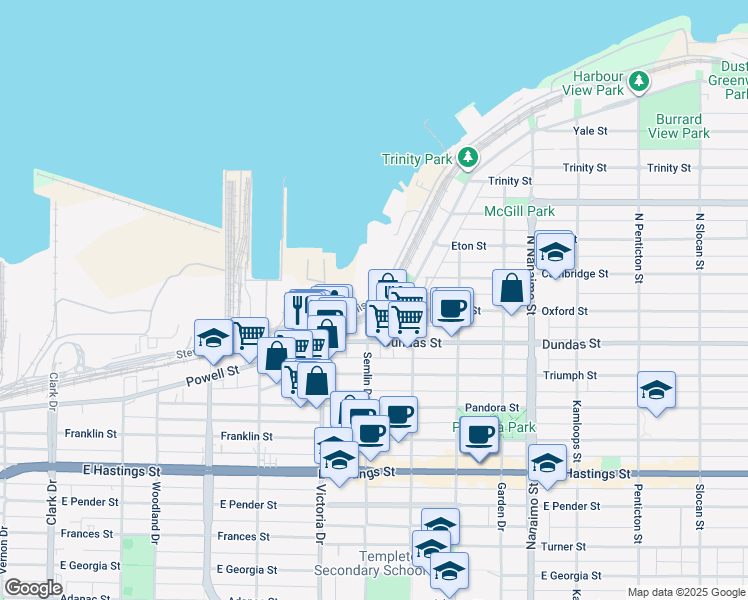 map of restaurants, bars, coffee shops, grocery stores, and more near 2115 Commissioner Street in Vancouver