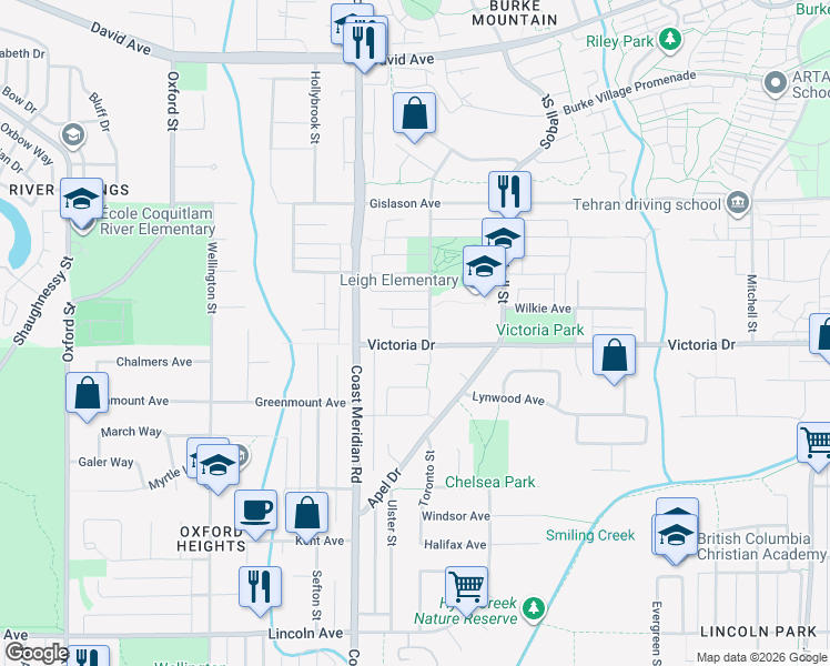 map of restaurants, bars, coffee shops, grocery stores, and more near 3427 Victoria Drive in Coquitlam