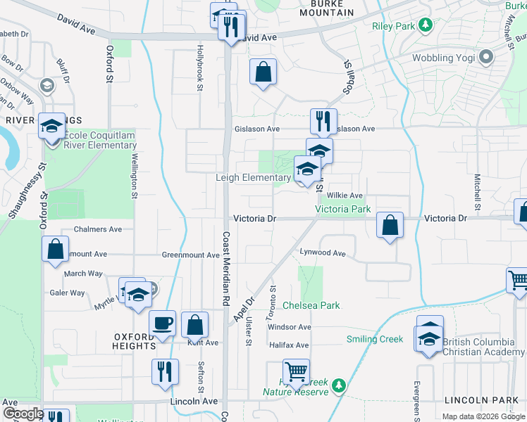 map of restaurants, bars, coffee shops, grocery stores, and more near 1420 Victoria Drive in Port Coquitlam