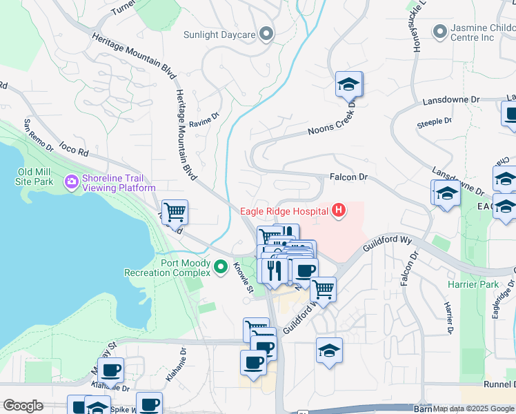 map of restaurants, bars, coffee shops, grocery stores, and more near 675 Noons Creek Drive in Port Moody