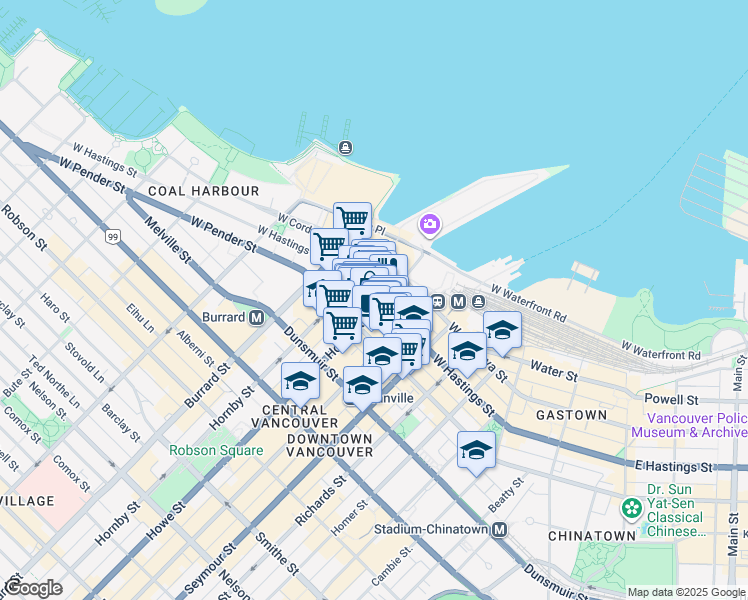 map of restaurants, bars, coffee shops, grocery stores, and more near 409 Howe Street in Vancouver