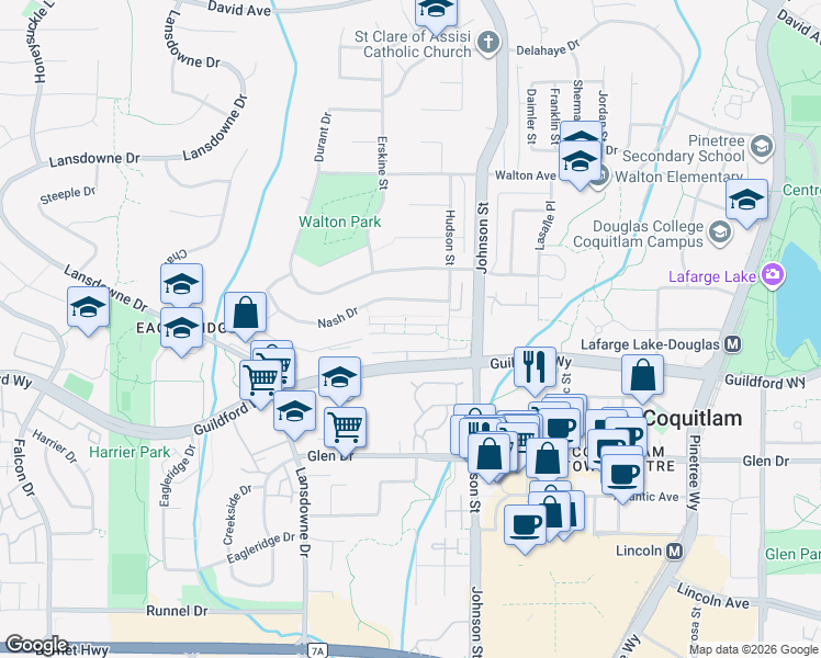 map of restaurants, bars, coffee shops, grocery stores, and more near 1228 Hudson Street in Coquitlam