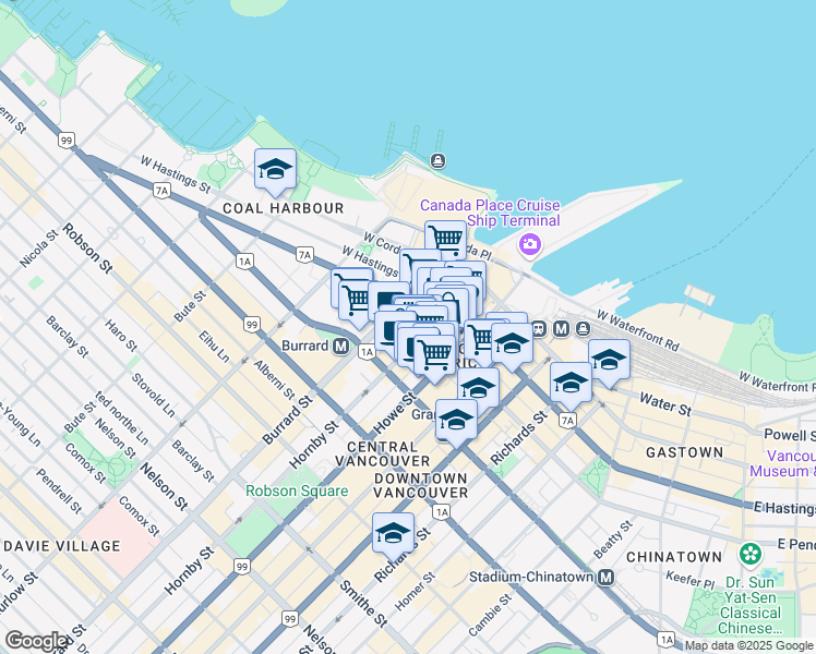 map of restaurants, bars, coffee shops, grocery stores, and more near 501 Hornby Street in Vancouver
