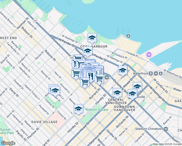 map of restaurants, bars, coffee shops, grocery stores, and more near 1105 West Georgia Street in Vancouver