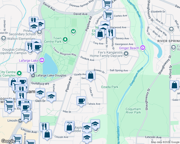 map of restaurants, bars, coffee shops, grocery stores, and more near 3158 Bowen Drive in Coquitlam