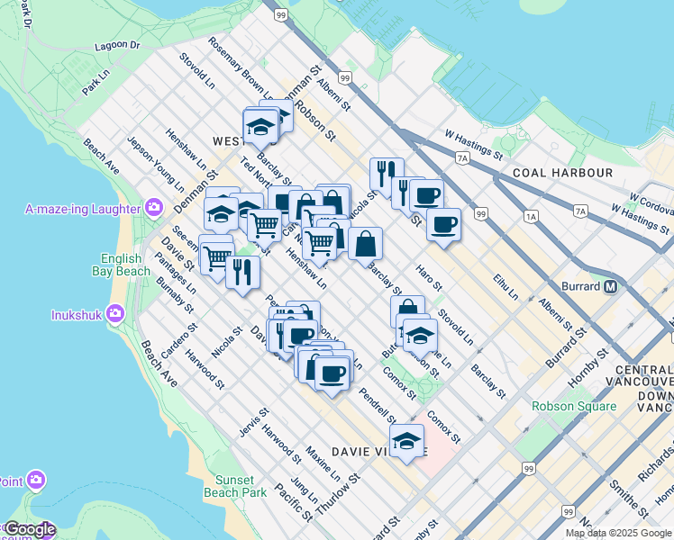map of restaurants, bars, coffee shops, grocery stores, and more near 993 Broughton Street in Vancouver