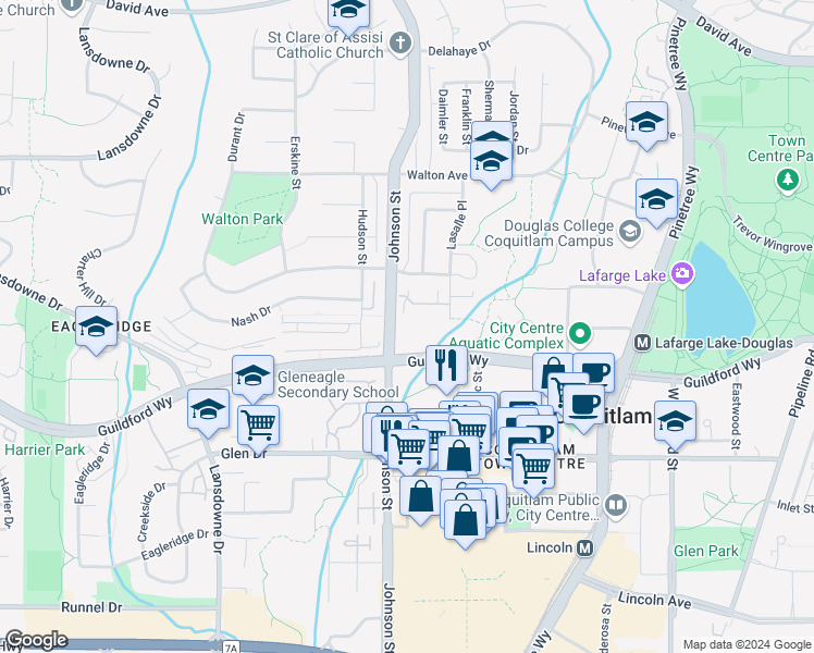 map of restaurants, bars, coffee shops, grocery stores, and more near 1219 Johnson Street in Coquitlam