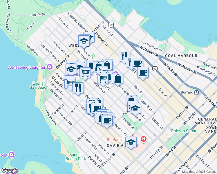 map of restaurants, bars, coffee shops, grocery stores, and more near in Vancouver