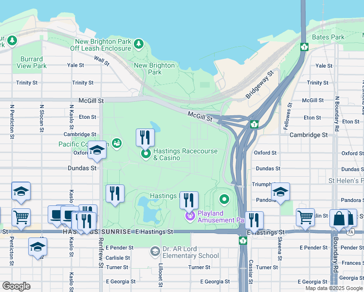 map of restaurants, bars, coffee shops, grocery stores, and more near 2901 East Hastings Street in Vancouver