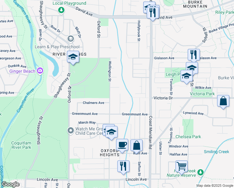 map of restaurants, bars, coffee shops, grocery stores, and more near 1226 Liverpool Street in Coquitlam