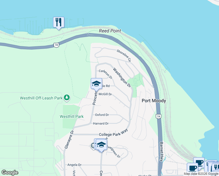 map of restaurants, bars, coffee shops, grocery stores, and more near 526 Yale Road in Port Moody