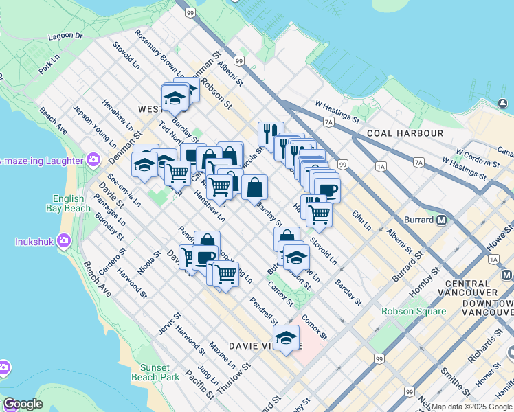map of restaurants, bars, coffee shops, grocery stores, and more near in Vancouver