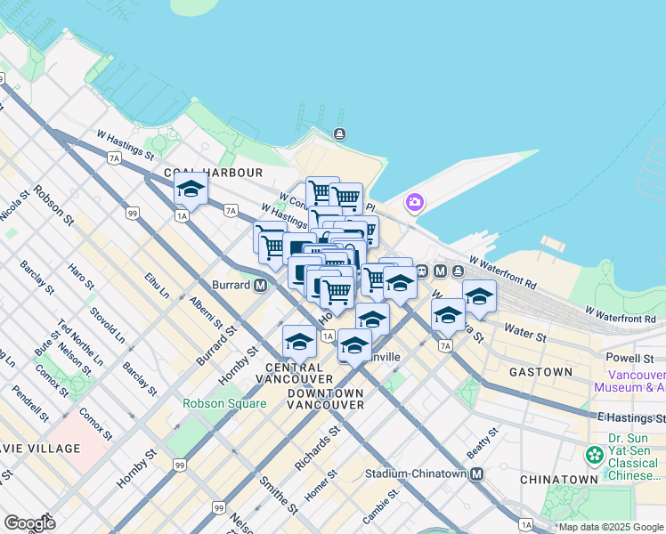 map of restaurants, bars, coffee shops, grocery stores, and more near 903 West Pender Street in Vancouver