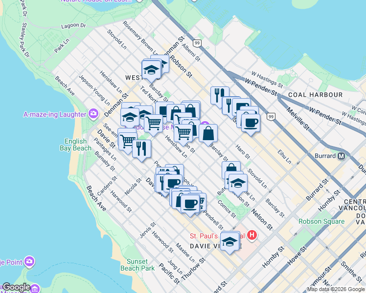 map of restaurants, bars, coffee shops, grocery stores, and more near 1430 Nelson Street in Vancouver